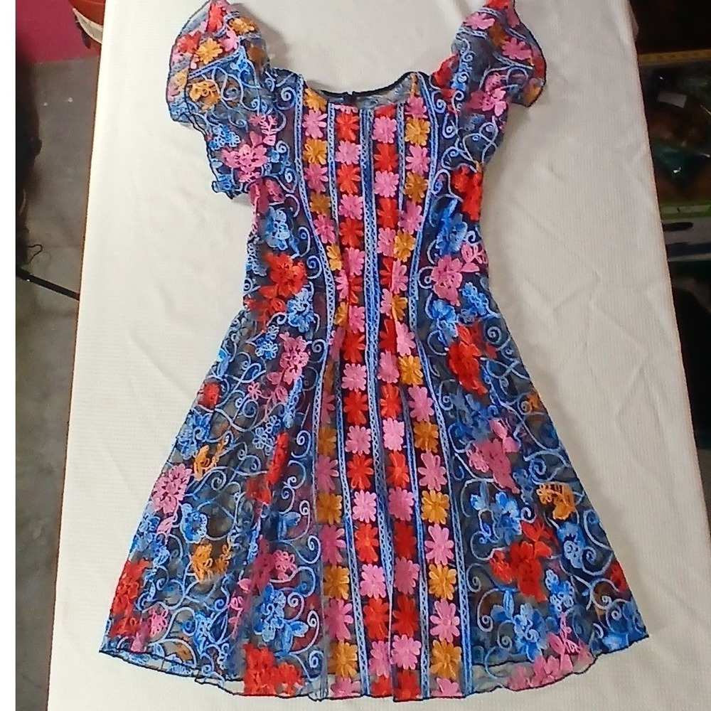 Floral Embroidered Lace Mesh Midi Dress Whimsical Fairycore Cottagecore - Picture 2 of 12